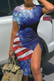 Colorful Blue Sexy Flag Stars Print O Neck Knee Length Patchwork Slit Pencil Skirt Bodycon Midi dress