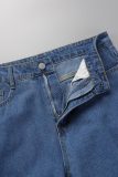 Jeans jeans regular azul escuro casual com fenda sólida cintura alta