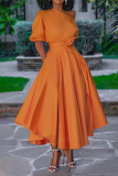 Orange Casual Solid Patchwork One Shoulder Cake Skirt Dresses
