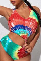 Multicolor Rainbow Sexy Print Tie-dye U Neck Two Pieces Crop Tops Swimsuit Plus Size Swimwear (With Paddings)