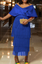 Элегантное вечернее платье с V-образным вырезом в стиле пэчворк с кисточками королевского синего цвета Платья