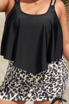 Zwarte sexy print luipaard rugloze U-hals plus size badmode driedelige set (met vullingen)