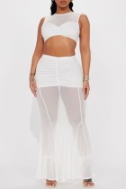 White Sexy Solid Patchwork See-through O Neck Sleeveless Two Pieces