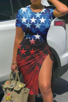 Dark Blue Red Sexy Flag Stars Print O Neck Knee Length Patchwork Slit Pencil Skirt Bodycon Midi dress