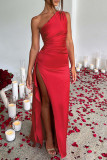 Robe de soirée rouge sexy formelle solide dos nu fendue col oblique robes