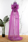 Púrpura sexy sólido patchwork con lazo medio cuello alto irregular vestido vestidos