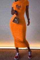 オレンジ カジュアル プリント レター O ネック ワン ステップ スカート ドレス