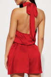 Rode Sexy Casual Solid Bandage Backless Halter Regular Romper