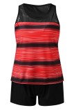 Red Casual Striped Print Patchwork Swimwears (With Paddings)