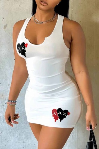 White Sexy Casual Print Patchwork U Neck One Step Skirt Plus Size Dresses