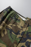 Armeegrün, sexy, lässig, Camouflage-Druck, Patchwork, Schlitz, Umlegekragen, zweiteilig
