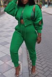 Green Casual Solid Hollowed Out Long Sleeve Two Pieces