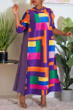 Purple Street Geometric Print Patchwork O Neck Long Dress Dresses(The Front Piece Is Shorter)