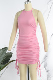 ピンクのセクシーなソリッドドローストリングフォールドOネックノースリーブドレスドレス