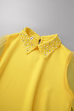 Amarillo casual elegante sólido patchwork rebordear cuello vuelto vestidos rectos