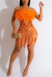Orange Sexy Patchwork Paillettes Transparent Dos Nu Sans Bretelles Robe Sans Manches Robes