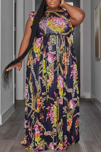 Navy Blue Casual Print Patchwork Stringy Selvedge O Neck Straight Plus Size Dresses