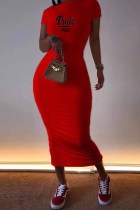 Vestidos de falda de un paso con cuello en O estampado informal rojo
