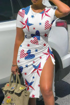 White Sexy Flag Stars Print O Neck Knee Length Patchwork Slit Pencil Skirt Bodycon Midi dress