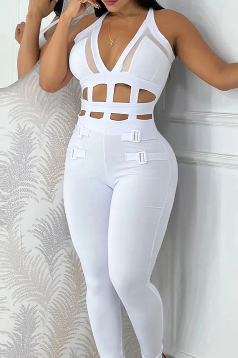 

White Sexy Casual Solid Hollowed Out Patchwork V Neck Skinny Jumpsuits