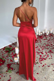 Красное сексуальное вечернее платье с вырезом на спине и косым воротником