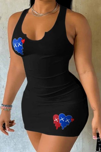Black Sexy Casual Print Patchwork U Neck One Step Skirt Plus Size Dresses