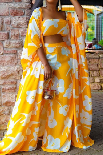 Yellow Casual Print Patchwork Cardigan Collar Three Quarter Three Pieces