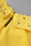 Robes droites décontractées élégantes en patchwork solide jaune à col rabattu