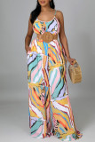 Pink Casual Daily Print Backless Spaghetti Strap Loose Jumpsuits(Without Belt)