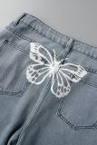 Light Blue Casual Butterfly Print Patchwork High Waist Regular Wide Leg Denim Jeans