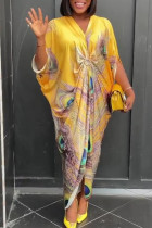 Желтое повседневное платье с принтом в стиле пэчворк Асимметричное платье с V-образным вырезом Платья