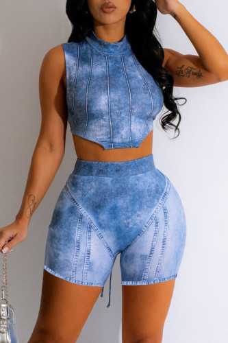 Blue Casual Street Print Bandage Patchwork Asymmetrical O Neck Sleeveless Two Pieces