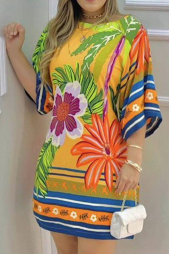Yellow Casual Print Patchwork O Neck Straight Dresses
