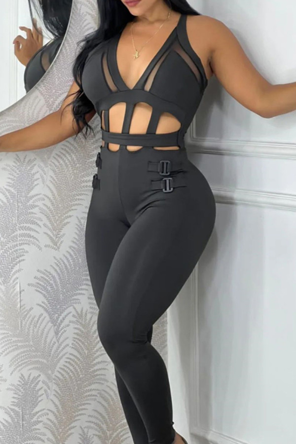 Black Sexy Casual Solid Hollowed Out Patchwork V Neck Skinny Jumpsuits
