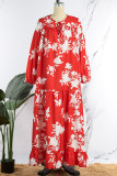 Red Casual Print Basic V Neck Long Sleeve Dresses