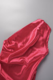 Red Sexy Formal Solid Backless Slit Oblique Collar Evening Dress Dresses