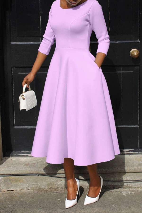 Фиолетовые повседневные элегантные однотонные платья в стиле пэчворк с круглым вырезом