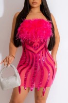 Розово-красное сексуальное платье в стиле пэчворк с блестками, прозрачное платье без бретелек без рукавов