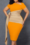 Yellow Casual Solid Bandage Patchwork Fold Asymmetrical Collar One Step Skirt Dresses