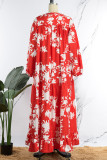 Röda Casual Print Basic V-hals långärmade klänningar