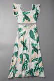 Light Green Sweet Print Patchwork Square Collar Sleeveless Two Pieces