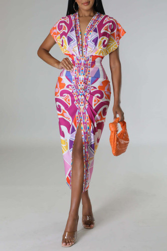 Pink Sexy Print Patchwork Fold V Neck One Step Skirt Dresses