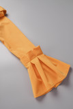 Tangerine Red Casual Elegant Solid Patchwork V Neck One Step Skirt Dresses
