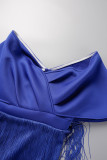 Koningsblauw elegante effen kwastje patchwork avondjurken met V-hals