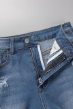 Deep Blue Casual Solid Ripped High Waist Skinny Denim Shorts