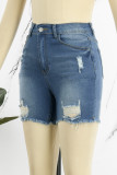 Short jeans skinny azul profundo casual liso rasgado cintura alta