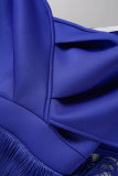 Koningsblauw elegante effen kwastje patchwork avondjurken met V-hals