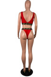 Costumi da bagno senza schienale patchwork tinta unita con stampa sexy rossa (senza imbottiture)