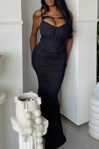 Black Sexy Solid Patchwork Asymmetrical Spaghetti Strap Sleeveless Two Pieces
