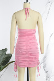 Розовое сексуальное однотонное платье с завязками и круглым вырезом без рукавов